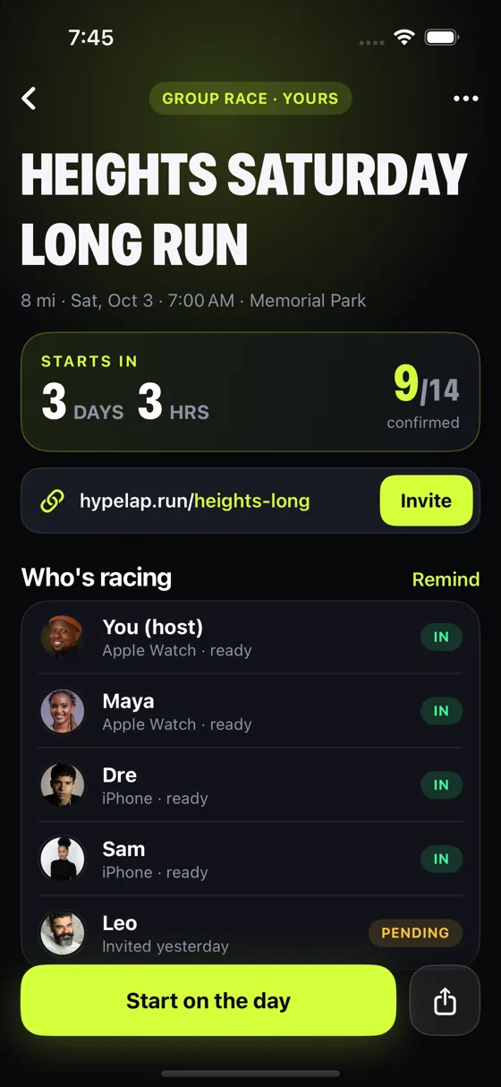Group races: Your run club, your rules, everyone on one track.